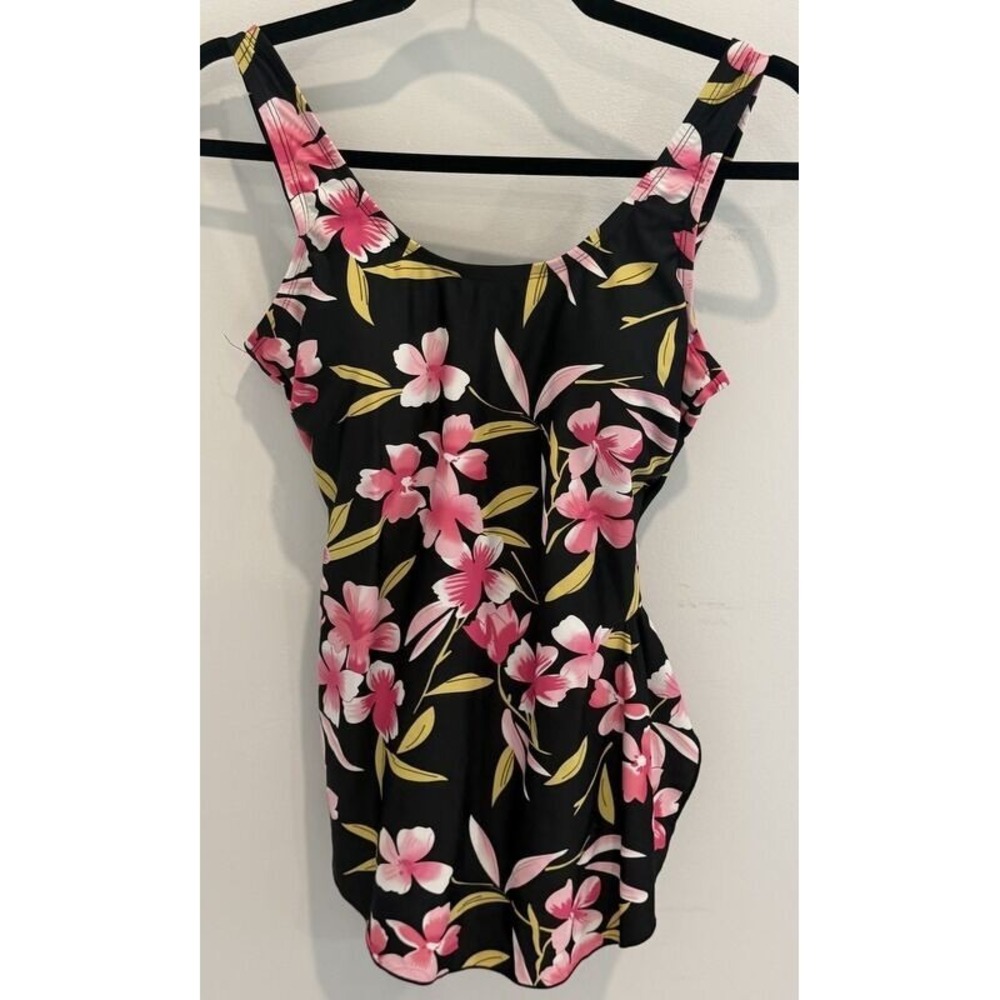 Shore Shapes Swimsuit One Piece Skirted Dress Black Pink Floral Slimming 10